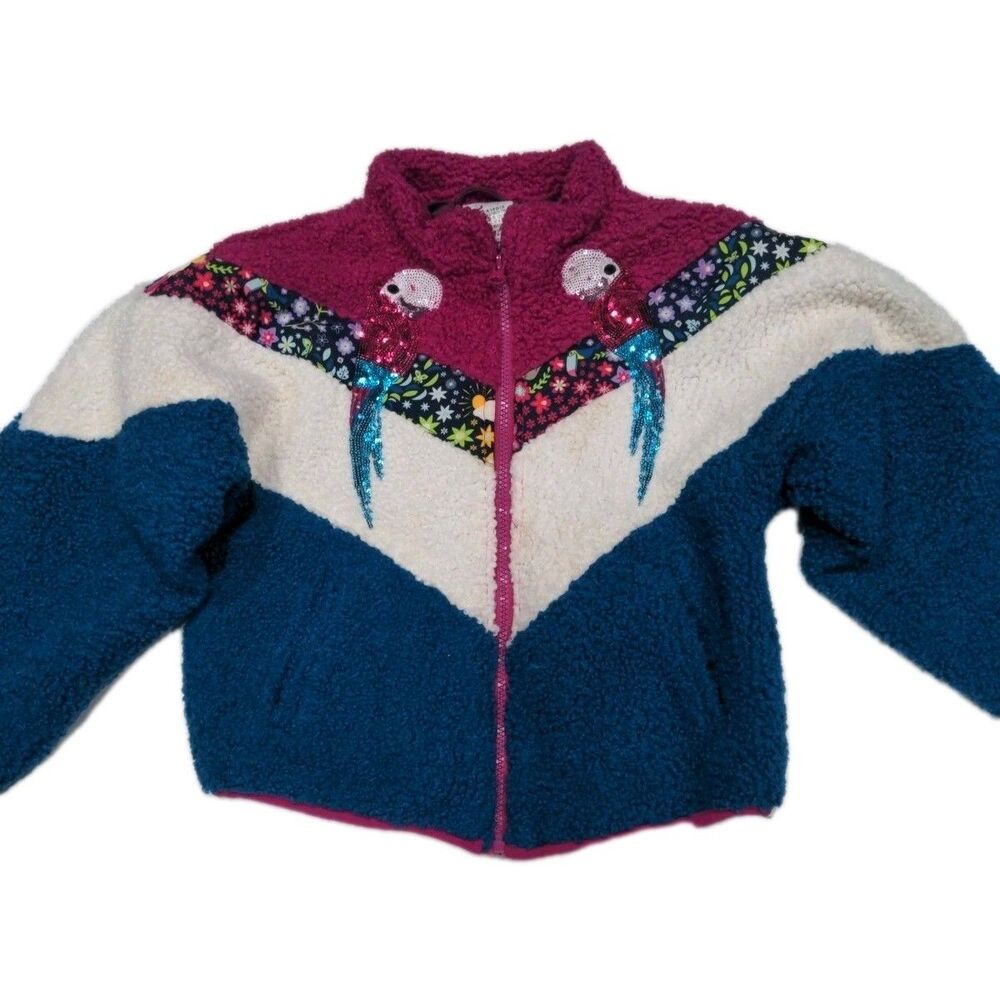 Disney Encanto Girls Full Zip Sherpa Jacket Size M 7/8 Blue Pockets Movie Sequin